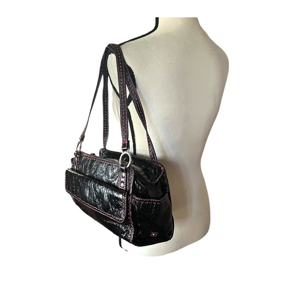 Tommy Hilfiger Crinkle Black with pink stitching Satchel Handbag. - Picture 3 of 7